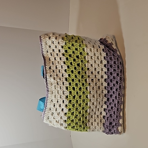 Handcrafted Upcycle Bag Hand Knit Crochet Stitch Handmade Multicolored Stripes - Picture 7 of 17